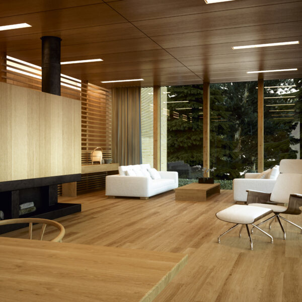 Minimalist wood-panelled lounge in private home